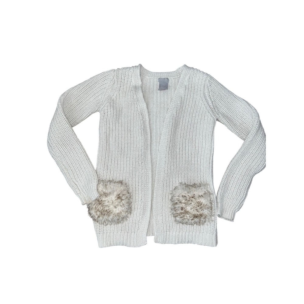 Tahari Kids Cream Metallic Shimmer Knit Cardigan Faux Fur Pockets Size M 10-12